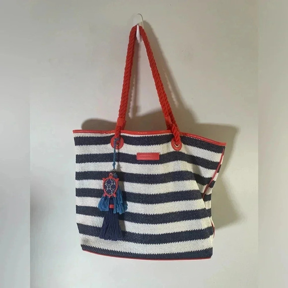 Vera Bradley‎ Navy and White Striped Beach Tote with Tassels GUC - Picture 1 of 13